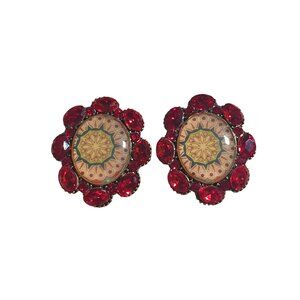 Vintage Glass Gemstone Red Stud Earrings Mandala Setting Boho Beach Core Gift